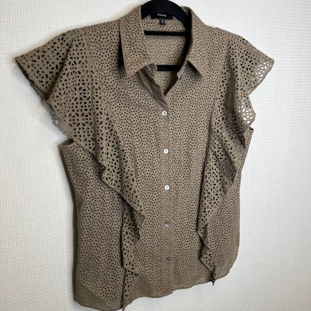 Theory Brown‎ Nova Eyelet Ruffle Sleeve Button Up Shirt Top Women's Size M